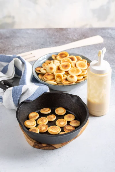 Pancake Cereal Heap Mini Pancakes Cast Iron Pan Concrete Background — Stock Photo, Image