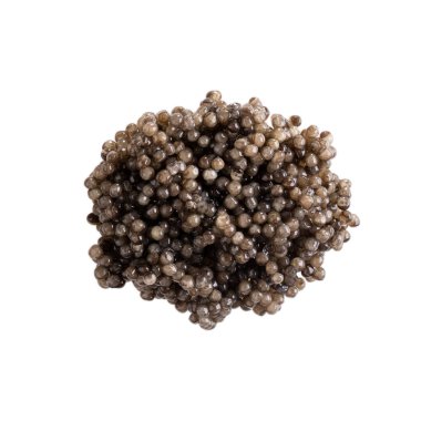 Mersin balığı havyarı. Siyah havyar yığını beyaz arka planda izole edilmiş. Üst görünüm.