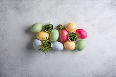 Heap of dyed multi-colored eggs and green sprouts in egg shell  on concrete background. Top view, copy space. Food background.  Easter decoration. 