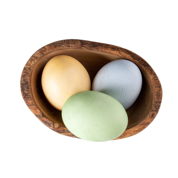 Dyed Multi Colored Eggs Wooden Bowl Isolated White Background Top — Stok fotoğraf