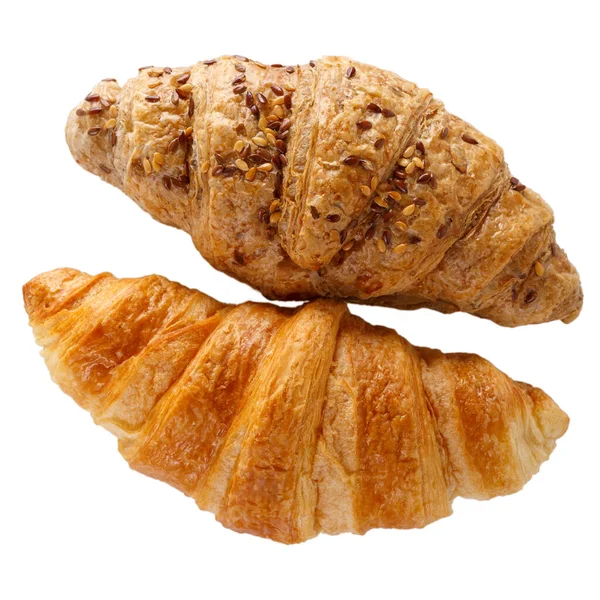 Dois Croissants Diferentes Isolados Branco Vista Superior — Fotografia de Stock