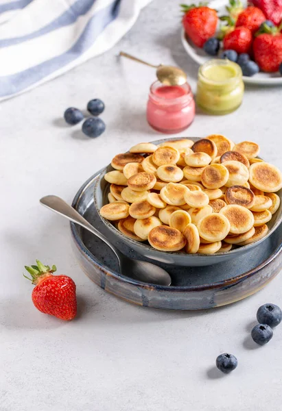 Pancake Cereal Heap Mini Pancakes Gray Bowl Served Berries Concrete Royalty Free Stock Images