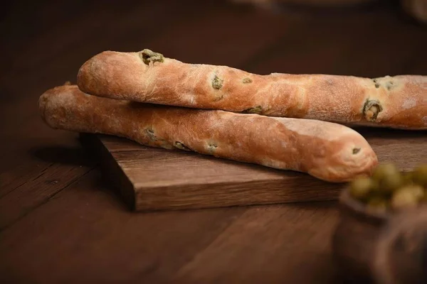 Ciabatta Olive Bread Wooden Background — Stock Photo, Image