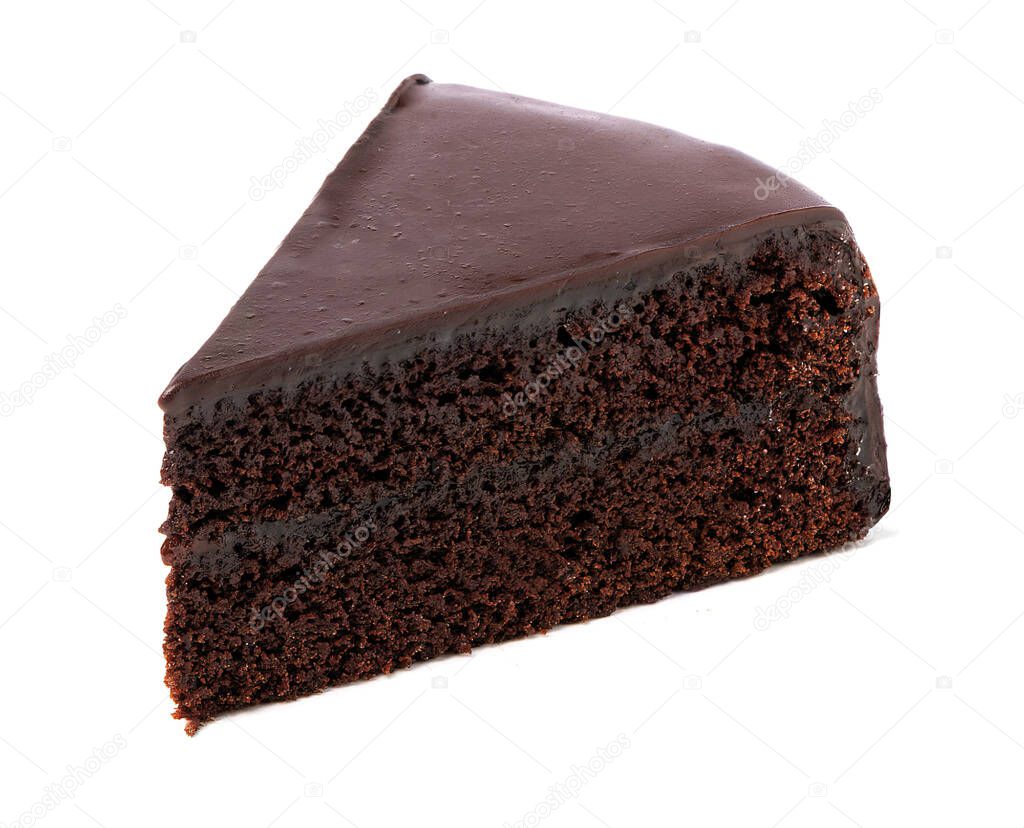 Slice of tasty layered chocolate cream cake isolated on white background