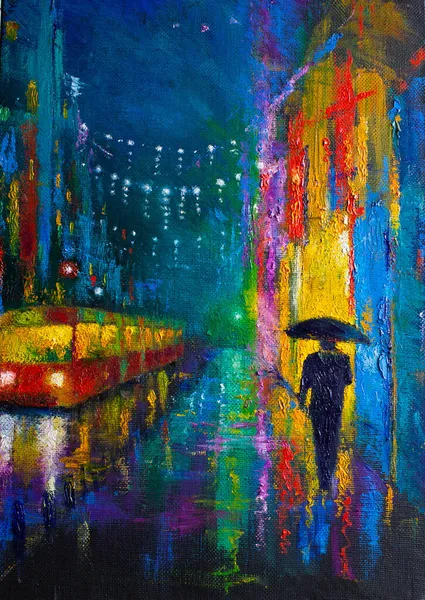 Λαμπερά Φώτα Της Νυχτερινής Πόλης Και Ένας Άντρας Στη Βροχή — Φωτογραφία Αρχείου