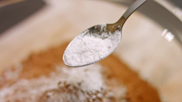 Giet een eetlepel zout in het ingrediënt. 4k video — Stockvideo