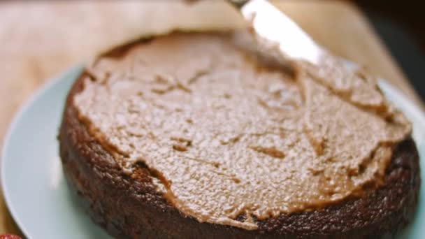 Engrasar la masa del pastel de chocolate con nutella. Vídeo 4k — Vídeo de stock