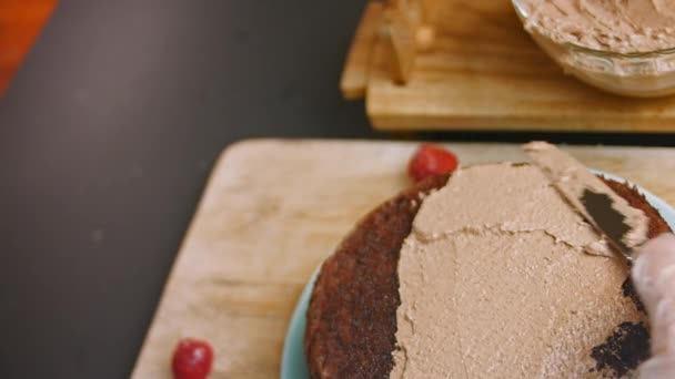 Λαδώνουμε τη ζύμη από το κέικ σοκολάτας με nutella. Βίντεο 4k — Αρχείο Βίντεο