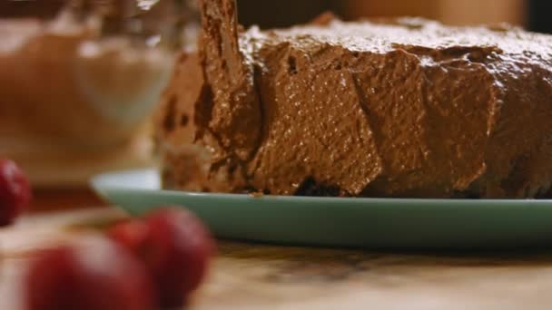 Vet het deeg van de chocoladetaart in met nutella. 4k video — Stockvideo