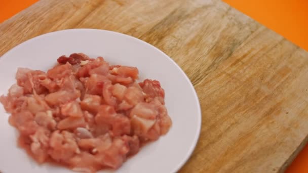 Ho messo le spezie nella carne macinata. 4k video — Video Stock