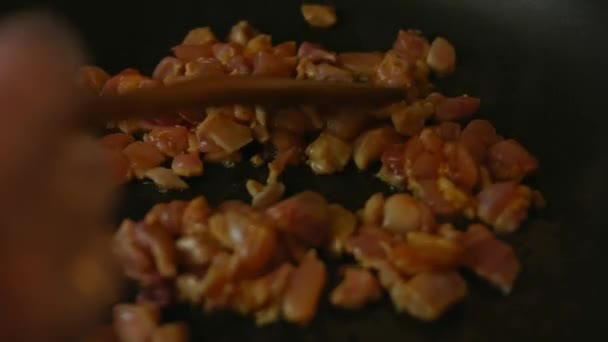 Friggere la carne macinata sulla padella. 4k video — Video Stock