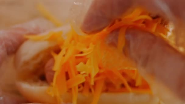 Προσθέτω τυρί στο χοτ ντογκ. Βίντεο 4k — Αρχείο Βίντεο