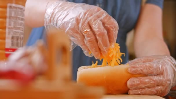 Ich füge dem Hot Dog Käse hinzu. 4k-Video — Stockvideo