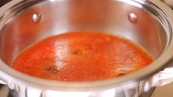 Cocino los ingredientes para la salsa de chile. Salsa de chile casera. Vídeo 4k — Vídeo de stock