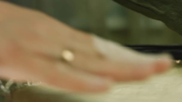 Aku menyebarkan adonan pada baking tray dengan aluminium foil — Stok Video