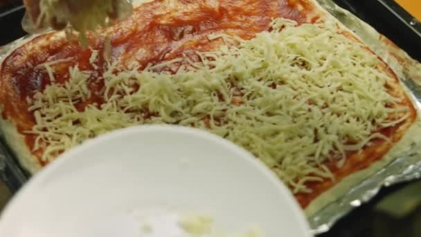 Puse mozzarella en la pizza de Nueva York — Vídeos de Stock