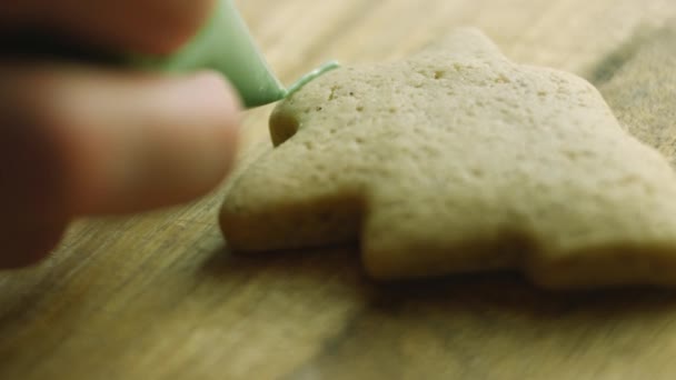 Zdobím perníkové sušenky královskou polevou. Nejlepší domácí perník Cookie vánoční stromek — Stock video