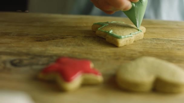 我用皇家糖霜装饰姜饼.世界上最好的自制姜饼饼干圣诞树 — 图库视频影像