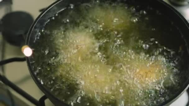 Friggere le cosce di pollo e le ali sott'olio. La carne ha uno strato di farina con spezie — Video Stock