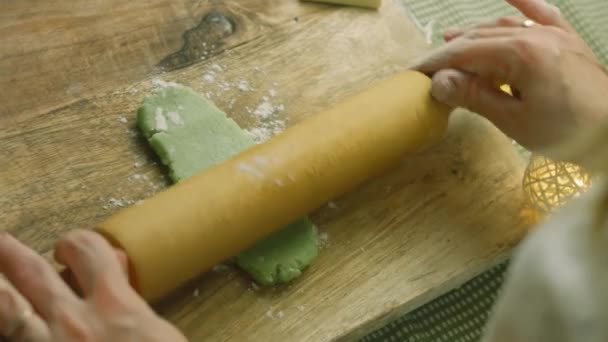 Espalhei a massa verde com um rolo — Vídeo de Stock