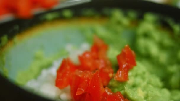 Połóż posiekaną pomidorową guacamole. Ujęcia makro — Wideo stockowe