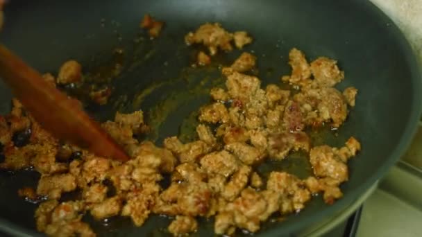 Mix the fried chorizo meat in the pan. Macro shooting — Stock Video