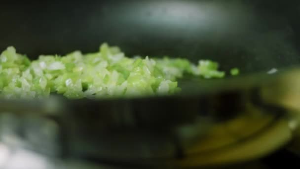 Mezclar la cebolla picada y el pimiento y freír en la sartén. Disparos macro — Vídeos de Stock