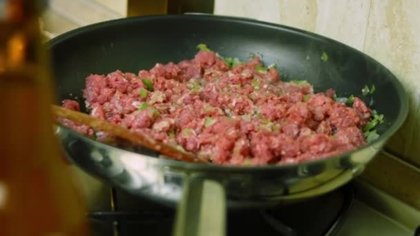 Misture a carne de peru e os ingredientes que são fritos na panela. Cozinhe chili con carne, cozinha mexicana — Vídeo de Stock