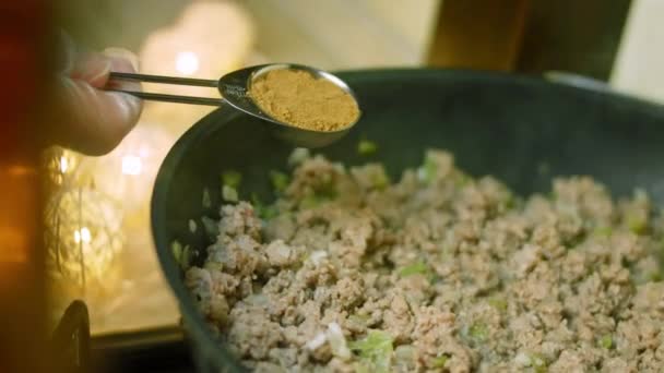 Kavrulmuş hindiye bir çorba kaşığı doğranmış kimyon ekle. Chili con carne pişir, Meksika mutfağı — Stok video
