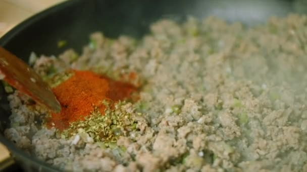 Mescolare le spezie e il tacchino arrosto. Cuoco chili con carne, cucina messicana — Video Stock