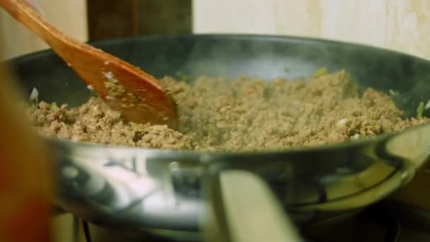 Añadir una cucharada de puré de tomate al pavo asado. Cocinar chile con carne, cocina mexicana. Disparos macro — Vídeos de Stock