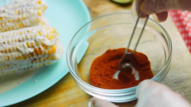 Paprika und Chilipulver in einer Schüssel vermischen — Stockvideo