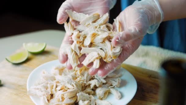 Presentation av kycklingen strimlad med hjälp av handskar händer. Romantisk atmosfär — Stockvideo