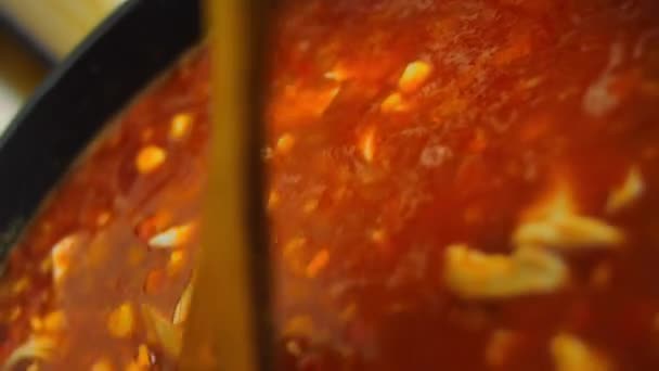 Mezclar los ingredientes de la sopa mexicana con una cuchara de madera. Disparos macro — Vídeo de stock