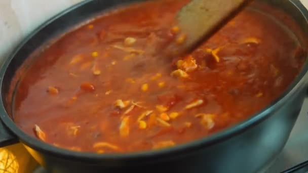 Se amestecă ingredientele pentru supa mexicană cu o lingură de lemn — Videoclip de stoc