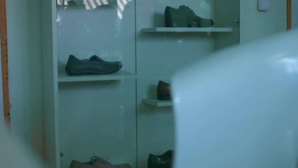 1つの場所で靴の異なる種類。靴屋だ。靴の生産 — ストック動画