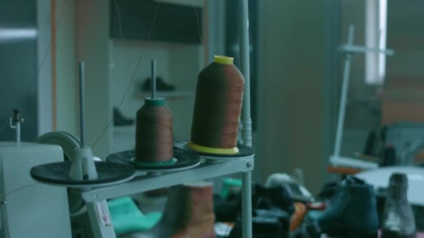 The shoe factory. There are pieces of shoes in the background. The sole and the mannequin — Stock Video