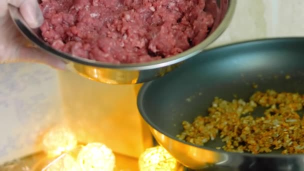 Add Minced Meat Chorizo Ingredients Wooden Spoon — Stock Video