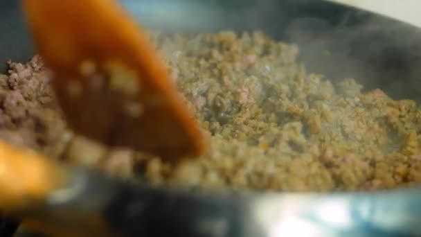 Misture Ingredientes Chouriço Uma Panela Com Uma Colher Madeira Macro — Vídeo de Stock