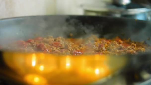 Fry Chorizo Ingredients Stove Macro Steam Shooting — Stock Video