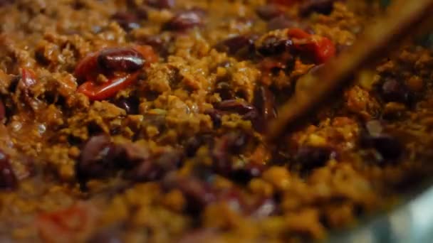 Pour Lightly Canned Beanns Chorizo Ingredients Frying Macro Shooting — Stock Video