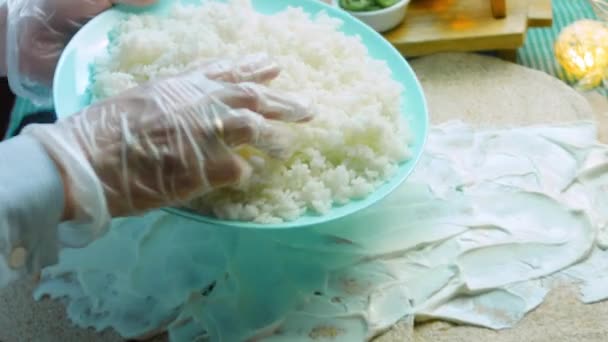 Chef Pours Boiled Rice Burrito — Stock Video