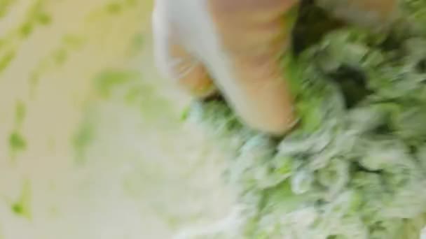 Chef Mengt Ingrediënten Voor Tortilla Gebruik Spinazie Groene Kleur Krijgen — Stockvideo