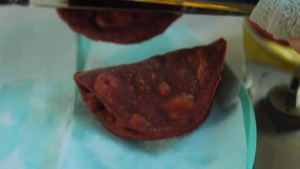 Chef Puts Baked Red Tortilla Napkin — Stock Video