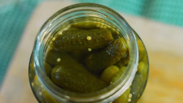 Small Pickled Cucumbers Jar Macro Shooting — Stock Video