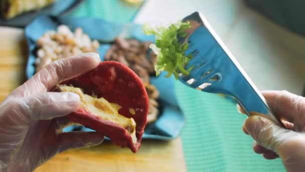 Chef Prepares Tacos Add Chopped Fresh Salad — Stock Video