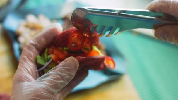 Chef Prepares Tacos Add Sliced Red Hot Peppers — Stock Video