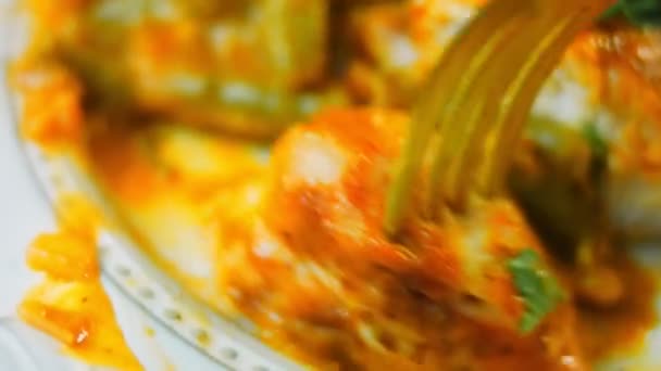 芥末清汤和蔬菜配方 用金叉尝一下 把肉浸在酱汁里 — 图库视频影像