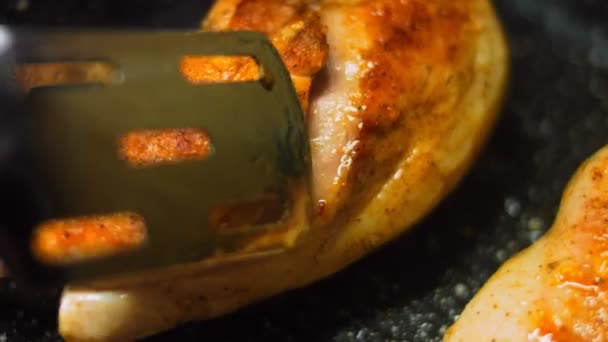 요리사는 닭고기를 통구이와 굽는다 — 비디오