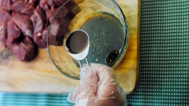 Chef Adds Tablespoon Worchester Sauce Dish Ingredients Marinade Sauce — Stock Video